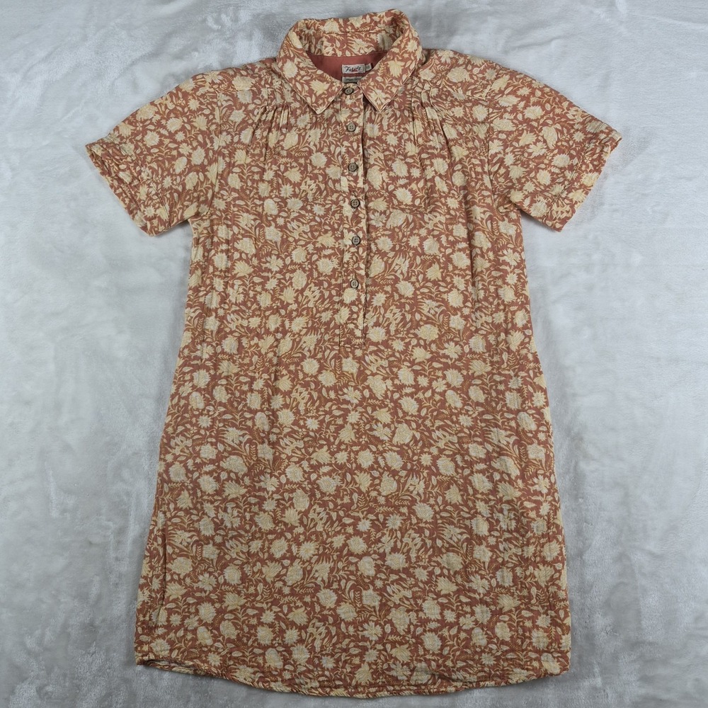 Faherty Hana Dress Women's Small Orange Floral 100% Cotton Pockets Collared